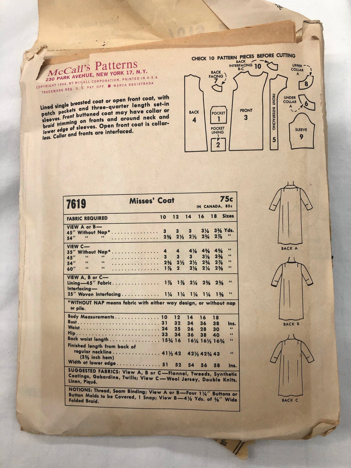 1964 Vintage Pattern - Misses' Coat