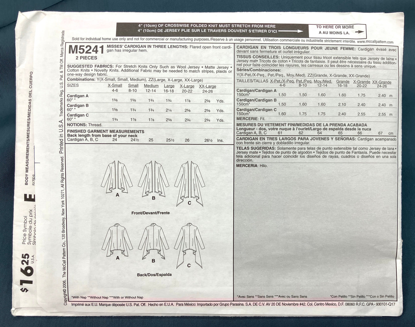 Pattern - Misses' Cardigan in Three Lengths - Sizes XS-M